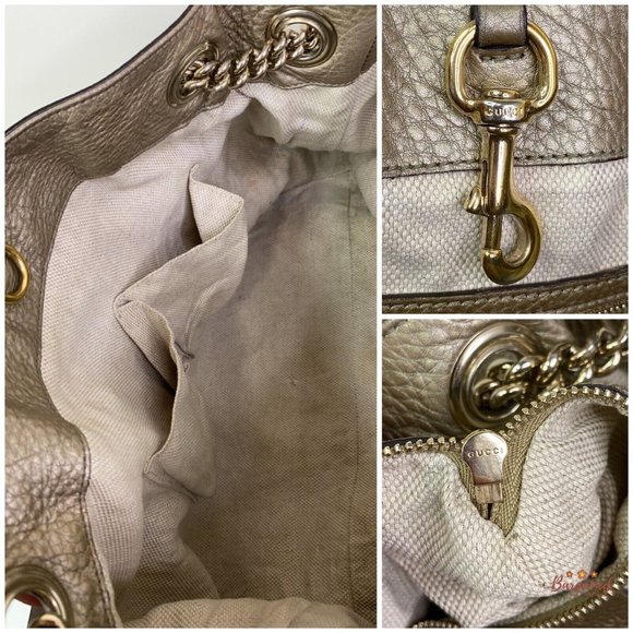 Authentic GUCCI Gold Metallic Pebbled Calfskin Medium Soho Chain Shoulder Bag - Picture 11 of 13